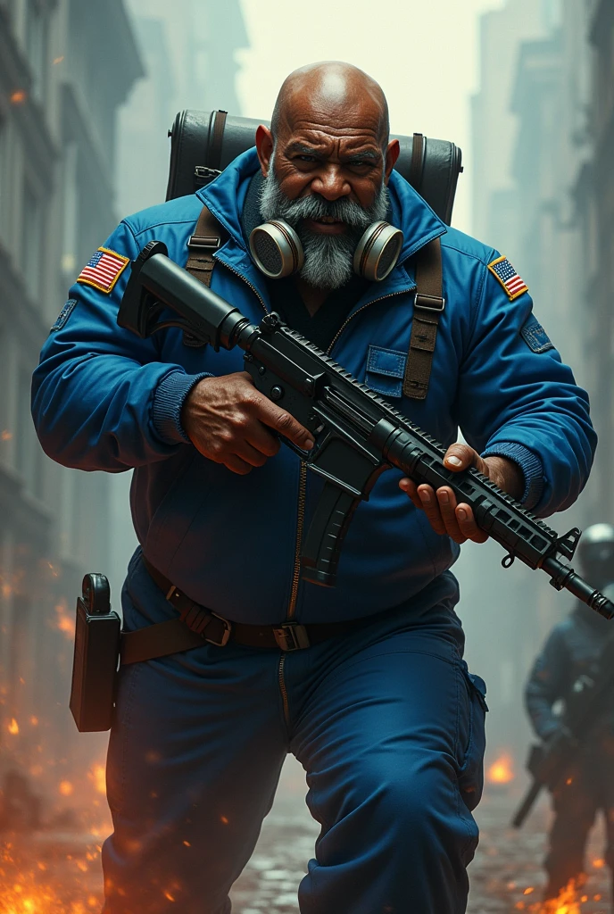 (a dark-skinned bearded fat muscular old man in a blue zipper pilot suit) carrying a gun, (wearing gas mask), dynamic action pose, angry expression, fierce expression, showcasing an imposing stature, surrounded by military elements, dramatic shadows and intense highlights, cinematic color tones, high detail, powerful, art influenced by Bruce Onobrakpeya and Stanley Artgerm, ultra-detailed, best quality image, action-packed atmosphere. 