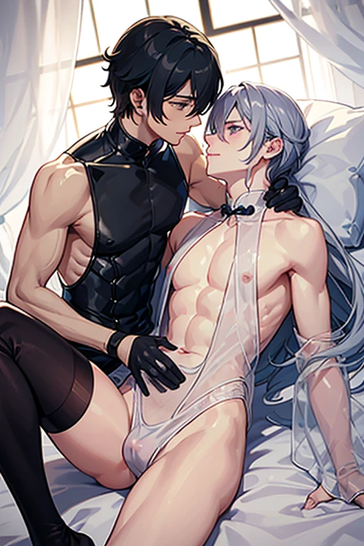 (Situation)Two men, mutual love, young men, BL, homosexual, lying on a bed, looking at each other and kissing, dark room at night, Chinese style
(Common appearance) A man dressed as a woman, a slender man, a man in long-sleeved sexy lingerie with see-through fabric, a man in a Chinese dress with see-through fabric, a woman dressed as a woman, elbow-length gloves with see-through fabric, see-through socks, nipples showing through thin fabric, pectoral muscles, penis visible, erect penis
(1st person) A boy , black hair, purple eyes, ecstatic expression, shyness, feeling good, chest muscles, rubbing chest
(Second Person) A man in his 20s with silver hair and green eyes, an ecstatic expression, embarrassed, and feeling good. He is lying on the bed with his legs spread and rubbing his crotch.