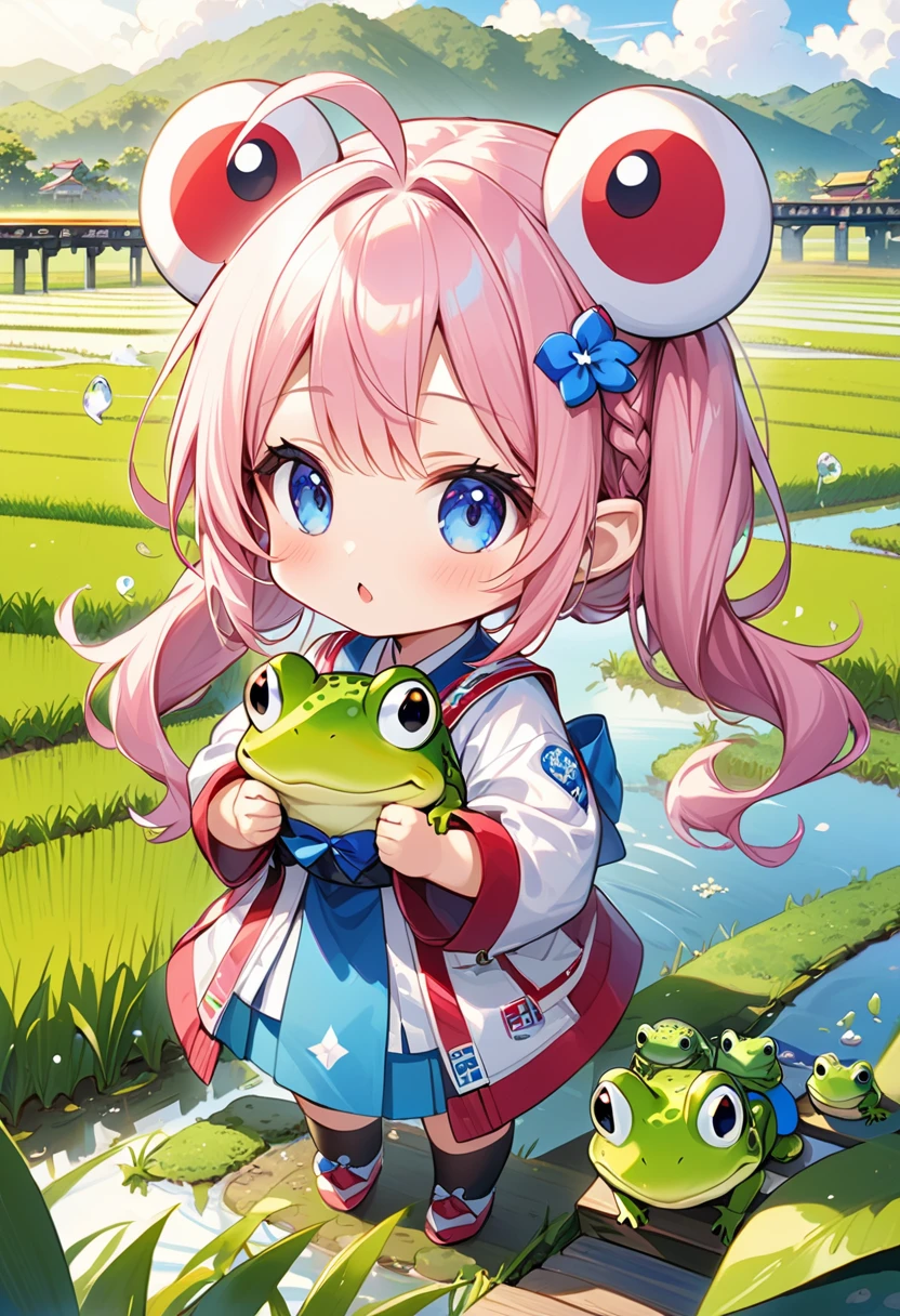 Highest quality、High resolution、Detailed Background、Beautiful face in every detail、Anatomically correct、Detailed facial expressions、fine grain、((One Girl:1.2)、((Chibi Girl:1.2)))、Cute hair color、Big beautiful blue eyes、Fuller lips、Pink Lips、Braided twin tails、Ahoge、(Election posters on the wall:1.2、((title is"We will definitely achieve a bridge between humans and frogs."))、(In the background is a rice field with swaying ears of rice.)