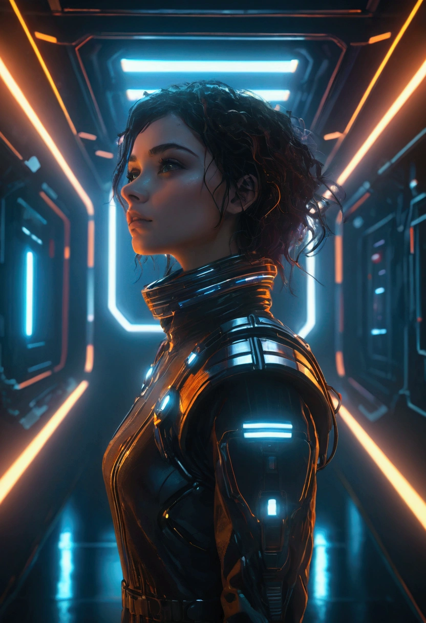 Thriller Space, A girl in a deep space station, atmospheric thriller, Bauhaus, shape, Wire, Abstract, intricate futuristic architecture, glowing neon lights, dark moody lighting, cinematic composition, high contrast, muted color palette, moody and suspenseful, (best quality,8k,highres,masterpiece:1.2),cinematic,dramatic lighting,chiaroscuro,moody atmosphere,science fiction