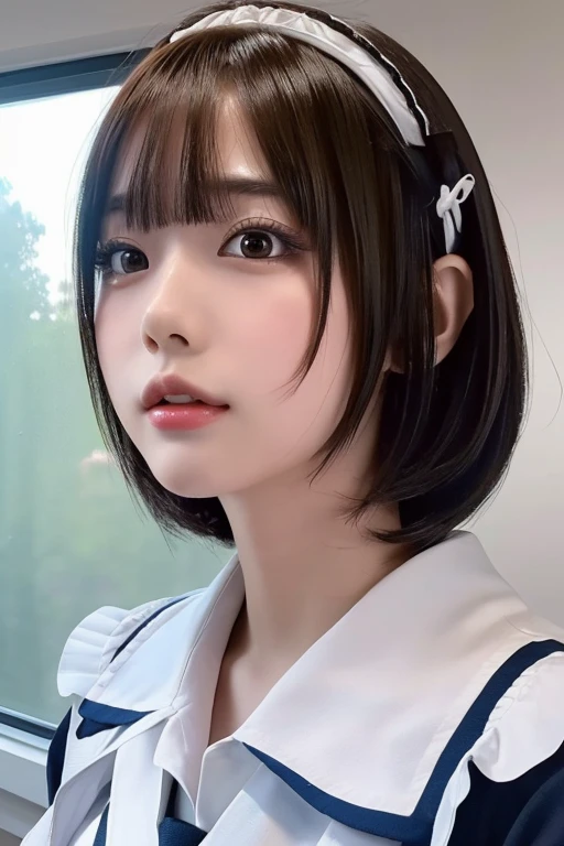 ((masterpiece, Highest quality, High resolution)), 1 Japanese girl, (Realistic: 1.4), Ahegao、Great face, Ahegao、, Glossy lips、Ahegao、short hair, (Beautiful Hair:1.5),Sailor suit、See through、School classroom, Side angle, Highly detailed CG composite 8K wallpaper, High resolutionのRAWカラー写真, Professional photography, Light, BackLight, dream-like, impressive, Written boundary depth, (Face close-up:1.5)