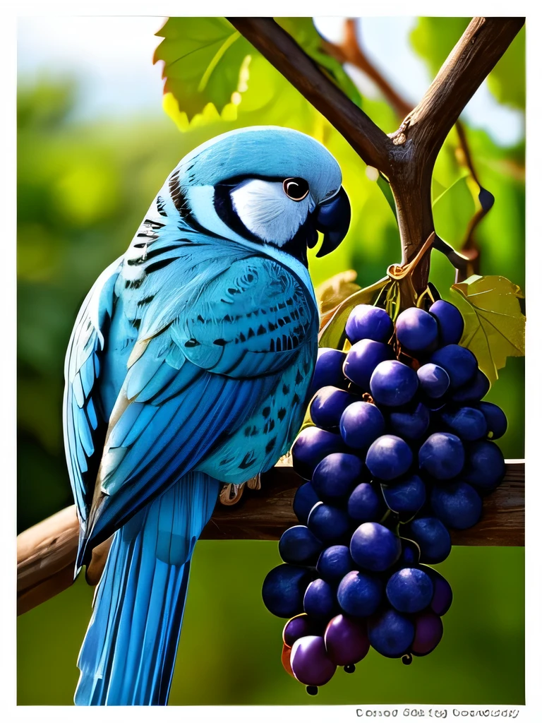 A blue and white parakeet on a bunch of grapes