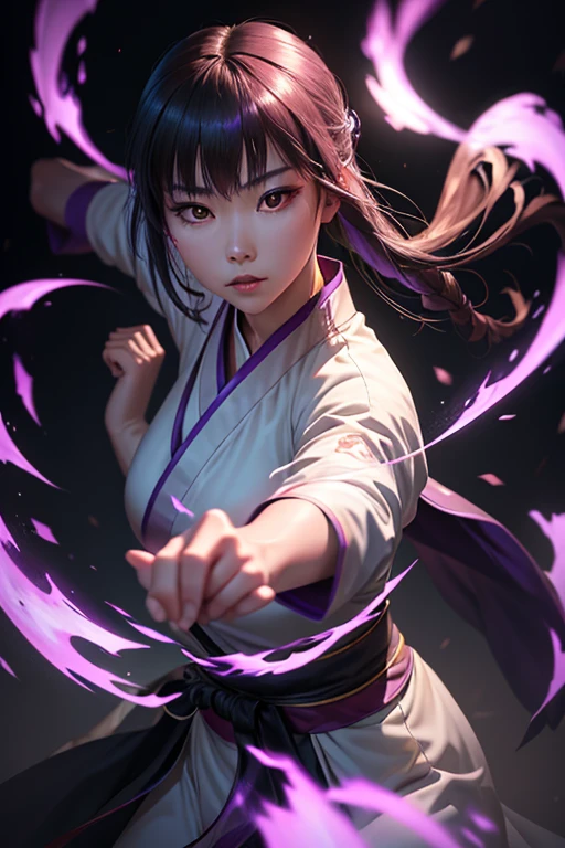 A beautiful Chinese girl, sharp eyes,  Clear facial features , vestindo Hanfu, Combat posture, Martial arts movements, Body surrounded by purple mist, runes around, holographic reality, holographic halo, motion blur, game light effects, side light, soft light, movie side light, delicate light, masterpiece,  super detailed , epic composition,  super high definition thong ,  high quality ,  highest quality , 32 mil