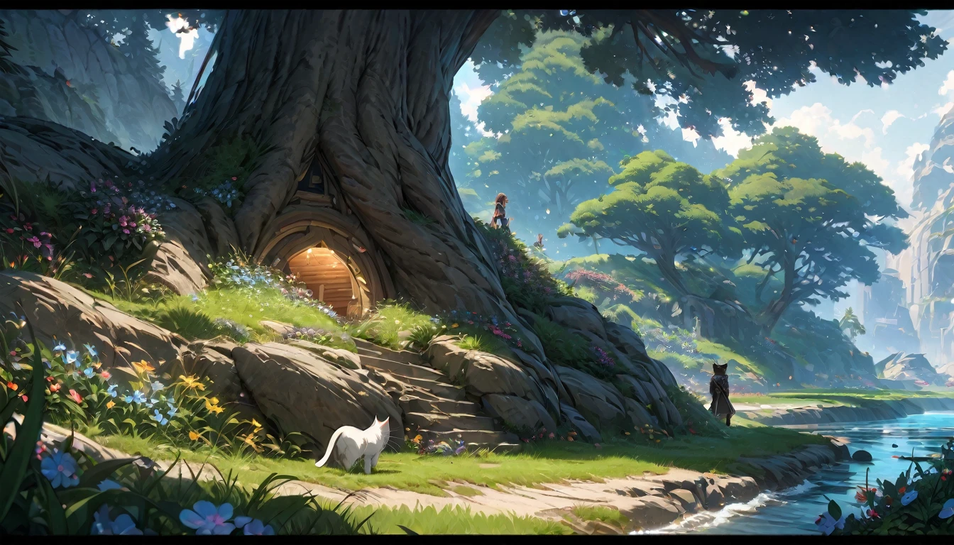 epic styles, digital art, extra detailed digital art, wallpaper, a young cat lying next to the little blue verry bush, cat's fur is black, white and brown, summer time, short green grass, little flowers, tree base behind the cat, short fur, closed eyes, peaceful atmosphere, heroic fantasy aestetics, dungeons and dragons, wide shot, perspective, atmospheric perspective, 16k, highres, award winning, best quality, high details, super detail, UHD, masterpiece