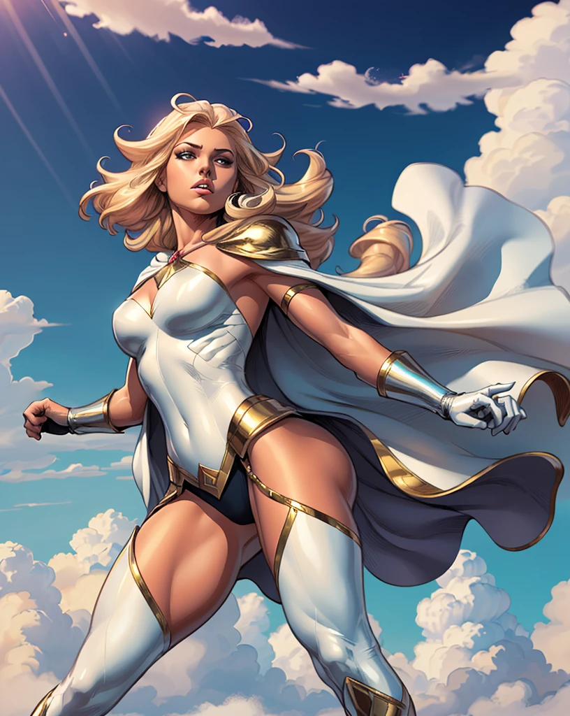 1 Girl, Solitary, Extremely detailed, masterpiece, Top quality, best quality, high resolution, 4K, 8K, RAW photos,
Goddess of Virtue, blond, Long hair, Tights, armor, cape, Gloves, White boots,
Comic Style, Line Art,
floating,
Dynamic weather, Dynamic Color, random color,