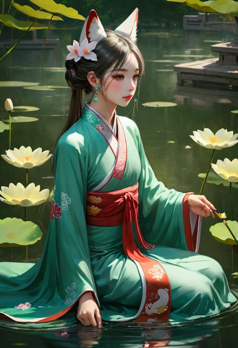 absurd, high resolution, Extremely detailed, (1 Girl:1.3), Hand Painted, Simple lines, 16-year-old girl wearing colorful Chinese Hanfu, Sexy fox ears girl, By the lotus pond, masterpiece, sitting in water, Floating clothes, Flowing hair