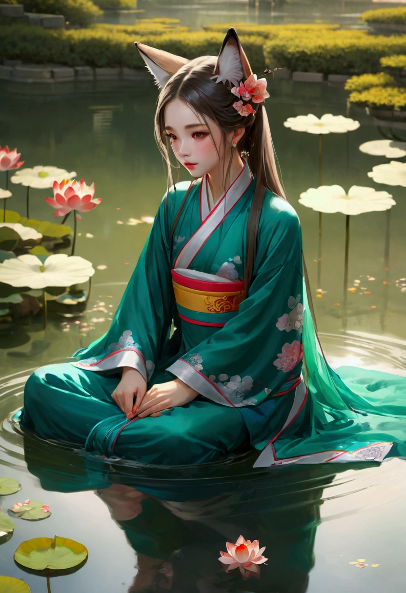 absurd, high resolution, Extremely detailed, (1 Girl:1.3), Hand Painted, Simple lines, 16-year-old girl wearing colorful Chinese Hanfu, Sexy fox ears girl, By the lotus pond, masterpiece, sitting in water, Floating clothes, Flowing hair