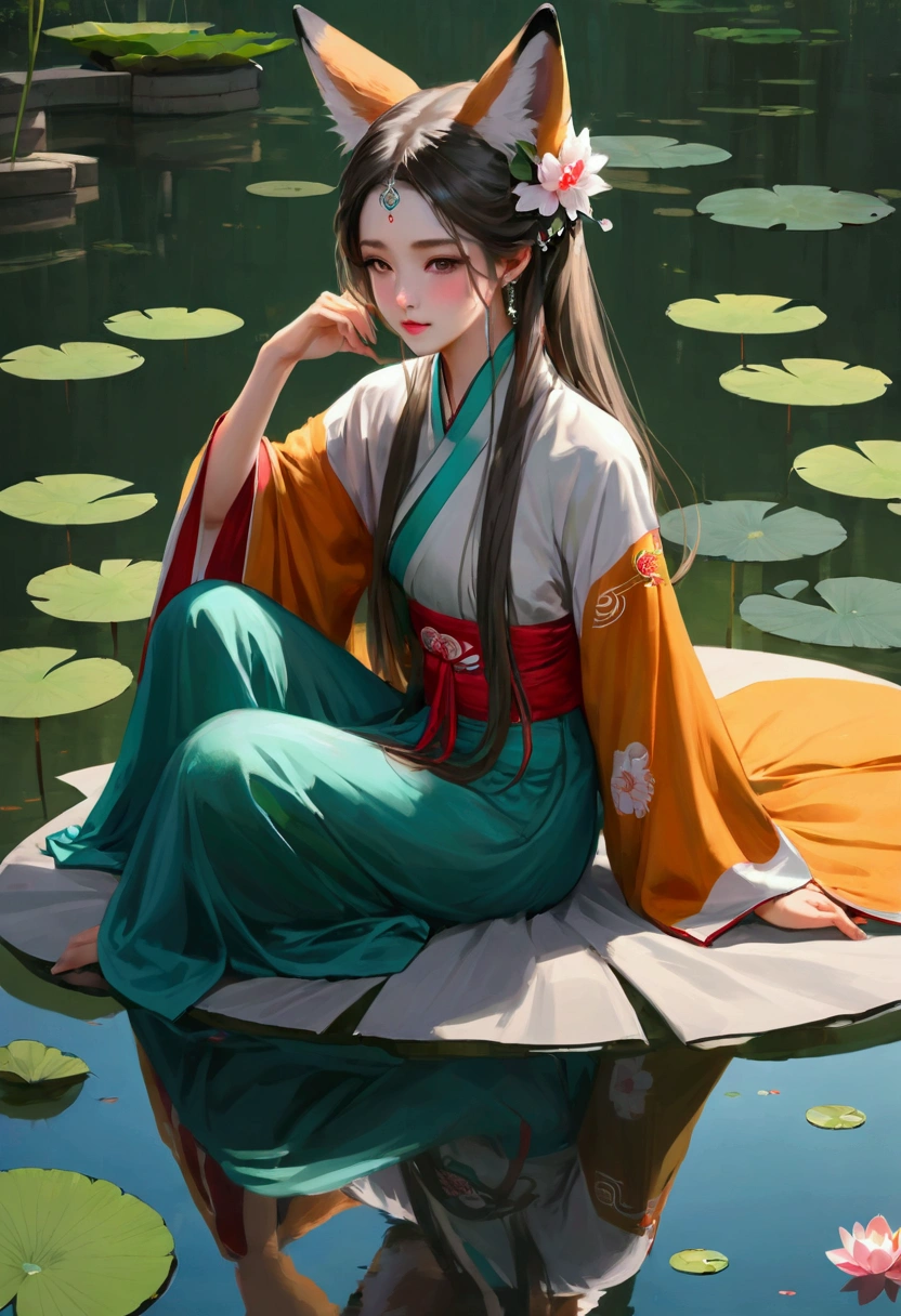 absurd, high resolution, Extremely detailed, (1 Girl:1.3), Hand Painted, Simple lines, 16-year-old girl wearing colorful Chinese Hanfu, Sexy fox ears girl, By the lotus pond, masterpiece, sitting in water, Floating clothes, Flowing hair