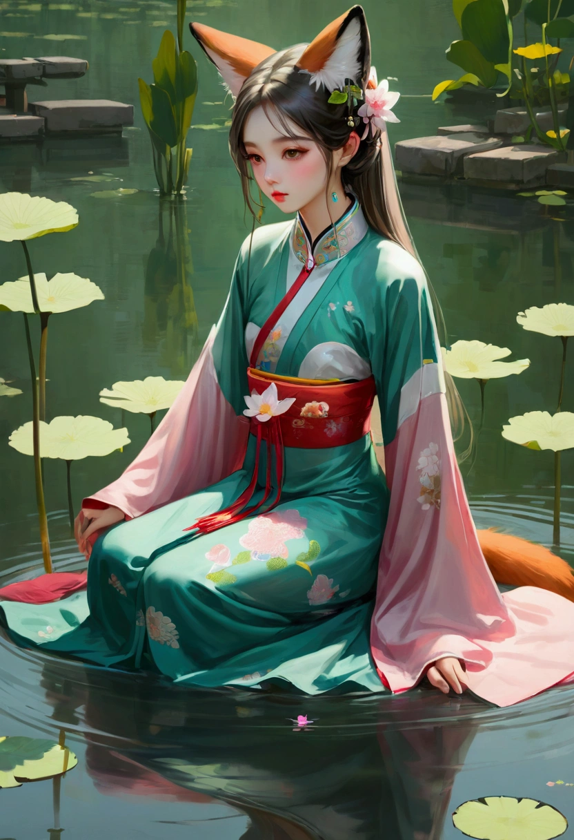 absurd, high resolution, Extremely detailed, (1 Girl:1.3), Hand Painted, Simple lines, wearing colorful Chinese Hanfu, Sexy fox ears girl, By the lotus pond, masterpiece, sitting in water, Floating clothes, Flowing hair