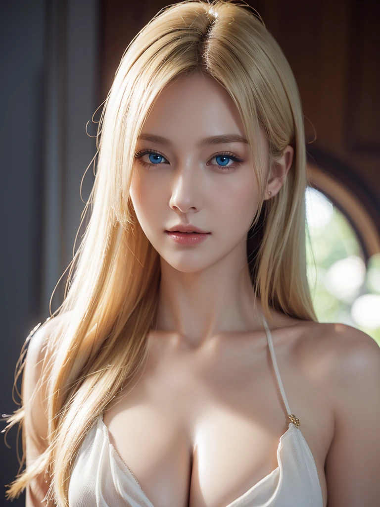 (best quality, height, realistic), Portrait, elegant woman, blue eyes,blonde hair, big breast, clear shirt, Look through the nipples., Special details cg 8k, beautiful CG, soft light