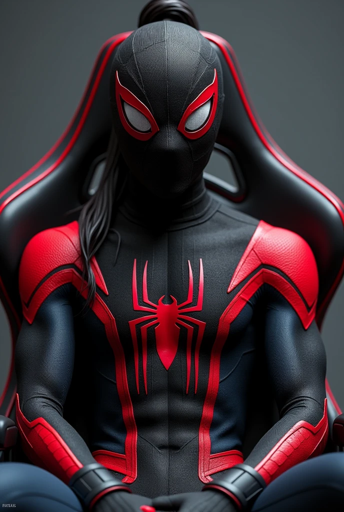 Male Spiderman with a black and red costume and his mask is covering his whole face in typical spiderman fashion. He has long black hair in a ponytail growing from his mask. Sitting on a gaming chair and looking straight at the camera, his head turned a bit to the right.