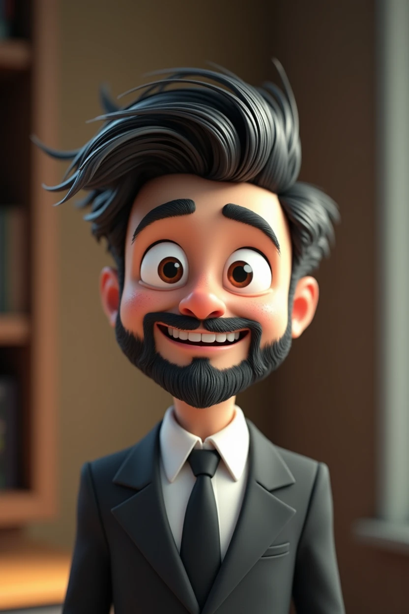 Cartoon character of a man with black hair and some white strands, white bearded, formal suit, white skin color, animation character, pixar, Disney, stylized character, animation style rendering, 3d stylized, Arnold Maya rendering, Stylized 3D rendering, toon render screenshot, 3d character, 3d character, Stylized 3D rendering, 3D character rendering, cartoon character, Personagem de close up, character posing, (Estilo pixar) (master part:1.2) (bokeh) (best qualityer) (skin detailed) (detailed texture) (8k) (Argilla) (cinematic lighting) (sharp focus)
