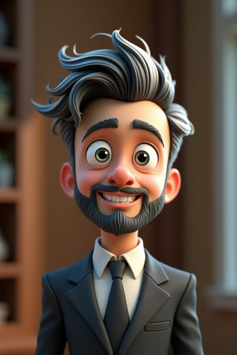 Cartoon character of a man with black hair and some white strands, white bearded, formal suit, white skin color, animation character, pixar, Disney, stylized character, animation style rendering, 3d stylized, Arnold Maya rendering, Stylized 3D rendering, toon render screenshot, 3d character, 3d character, Stylized 3D rendering, 3D character rendering, cartoon character, Personagem de close up, character posing, (Estilo pixar) (master part:1.2) (bokeh) (best qualityer) (skin detailed) (detailed texture) (8k) (Argilla) (cinematic lighting) (sharp focus)