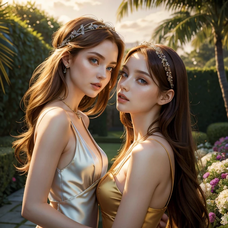 (masterpiece, best quality:1.5), highest quality, High resolution, super detailed, Realists, Full body photo of redhead woman, long open straight hair, detailed and beautiful eyes, beautiful detailed lips, very detailed eyes and face, longeyelashes, Woman in evening dress made of shiny satin fabric, Beautiful and colorful makeup, elegant and noble々Pose, Satin headbands and jewelry, Gardens as background, soft daylight, bright colors, fine brushstrokes, Portrait style, Plain dress fabric, beautiful color palette, glowing skin, First-class rendering, that captures every detail, enchanting atmosphere, subtle shadows and lights, (perfect anatomy:1.2), (Two stunning women with their mouths open. Surprised look