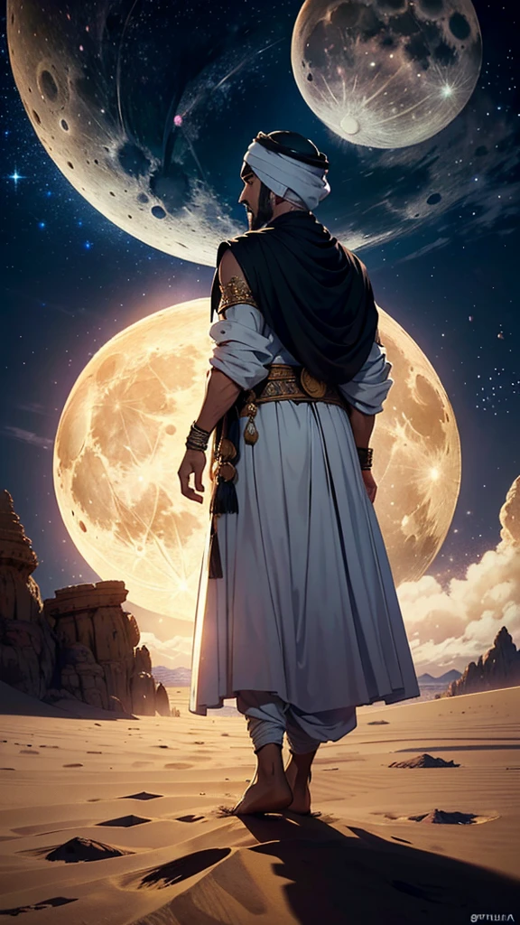 (((back side of warrior))) a detailed prompt for creating an image of an Arab [back side ] in a fantasyworld magical world dream (((warrior)))(((((man in traditional attire from the era of Prophet in full moon with fulll of star in a mystical night view sirus plannet)))))Muhammad (peace be upon him), set in a desert with a full moon, and with an old-world black color islamic dress 

"Create an 8K quality image of an Arab man dressed in traditional clothing from the era of Prophet Muhammad (peace be upon him). The man should be depicted in a desert landscape under a full moon. night wears a long, flowing robe (jubba) in neutral colors such as black green or beige, with a simple yet elegant design reflecting the historical modesty of the period. Over the robe, include a traditional outer cloak (aba) or shawl, draped gracefully with historical accuracy.and imama on head
(((spirituality)))
On his head, the man should wear a traditional Arabian headscarf (imama) or turban, styled accurately for the era, wrapped neatly. The attire should reflect the era's modesty and simplicity.

The scene should be set in a vast, moonlit desert with expansive dunes. The full moon should provide a soft, ambient light, casting gentle illumination on the man and the landscape. Incorporate subtle old-world elements, such as ancient Arabic patterns or motifs integrated into the sand or softly highlighted by the moonlight.

Add a slightly faded or sepia tone to evoke a sense of historical depth and authenticity. The overall composition should create a sense of reverence and timelessness, capturing the essence of the era of Prophet Muhammad (peace be upon him) in a (((planned venus)))((1moon,warrior)))