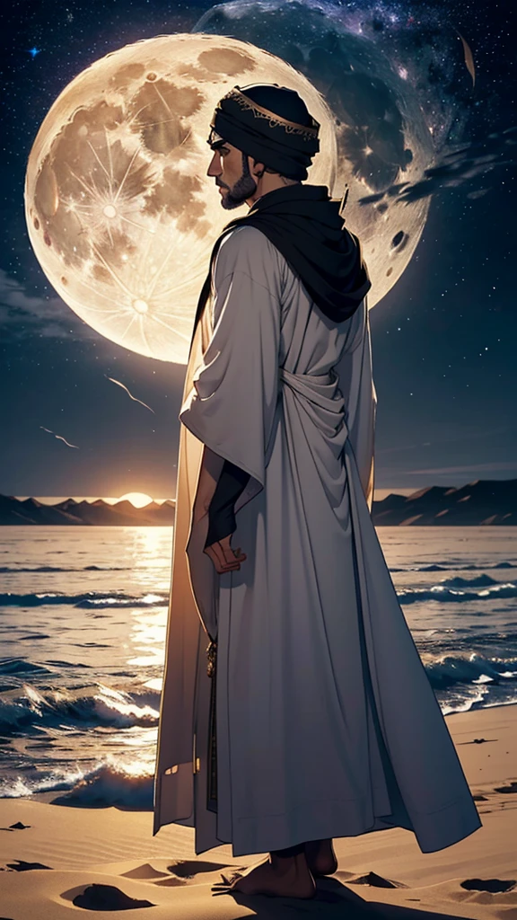 (((back side of warrior))) a detailed prompt for creating an image of an Arab [back side ] in a fantasyworld magical world dream (((warrior)))(((((man in traditional attire from the era of Prophet in full moon with fulll of star in a mystical night view sirus plannet)))))Muhammad (peace be upon him), set in a desert with a full moon, and with an old-world black color islamic dress 

"Create an 8K quality image of an Arab man dressed in traditional clothing from the era of Prophet Muhammad (peace be upon him). The man should be depicted in a desert landscape under a full moon. night wears a long, flowing robe (jubba) in neutral colors such as black green or beige, with a simple yet elegant design reflecting the historical modesty of the period. Over the robe, include a traditional outer cloak (aba) or shawl, draped gracefully with historical accuracy.and imama on head
(((spirituality)))
On his head, the man should wear a traditional Arabian headscarf (imama) or turban, styled accurately for the era, wrapped neatly. The attire should reflect the era's modesty and simplicity.

The scene should be set in a vast, moonlit desert with expansive dunes. The full moon should provide a soft, ambient light, casting gentle illumination on the man and the landscape. Incorporate subtle old-world elements, such as ancient Arabic patterns or motifs integrated into the sand or softly highlighted by the moonlight.

Add a slightly faded or sepia tone to evoke a sense of historical depth and authenticity. The overall composition should create a sense of reverence and timelessness, capturing the essence of the era of Prophet Muhammad (peace be upon him) in a (((planned venus)))((1moon,warrior)))