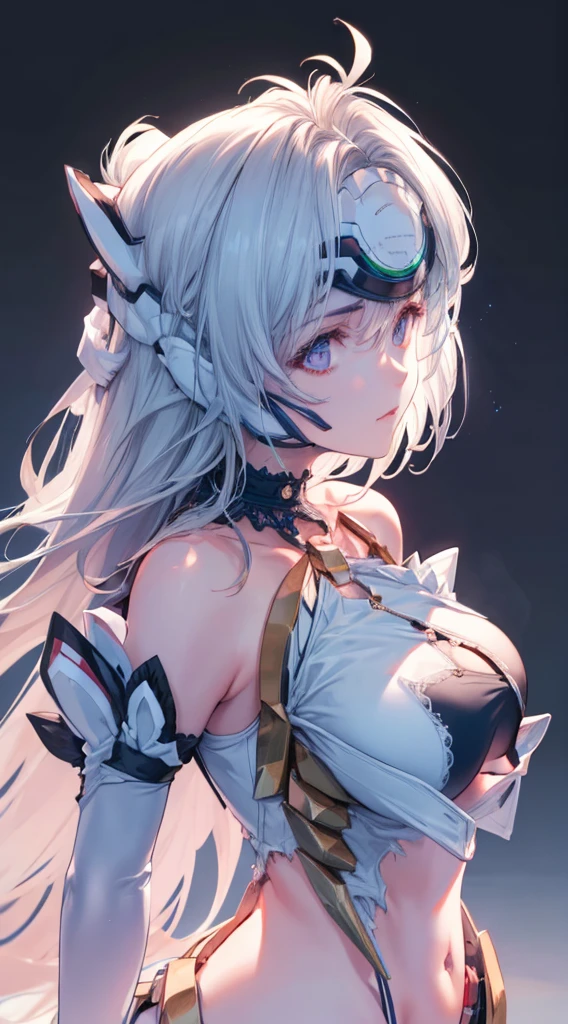 (((Masterpiece))), (portrait), diffused light, dynamic shadows, sharp focus, realistic, detailed, highres, absurdres, anatomically correct, seductive face, white background, torn clothes, looking to the side, black choker, belly button, medium breast