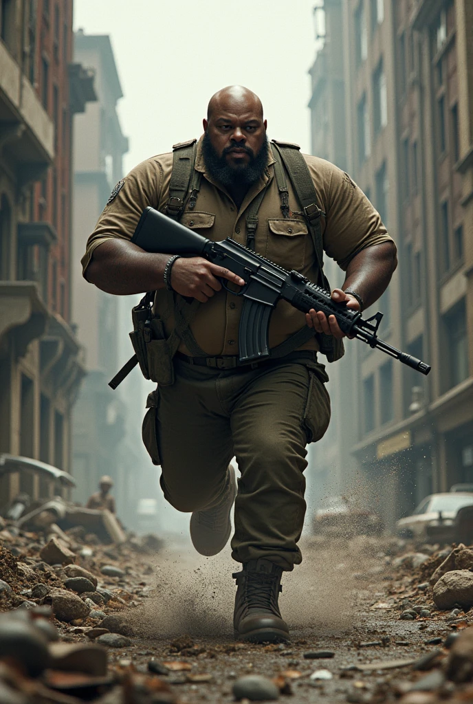 Create a bald black obese survivor with an ak47 running away from a zombie apocalypse