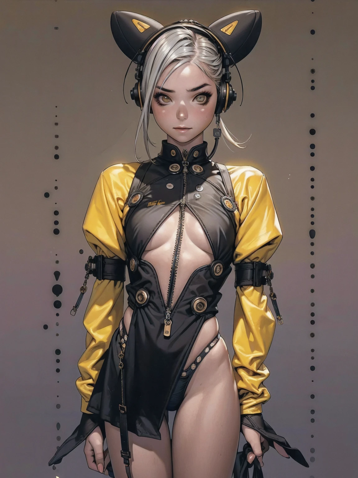 (best qualityer))), (((manga strokes))), (((Headphones))), (((yellow and dark gray devices))), (((bird’s eye view))),  ears and Googles on the forehead, (((tiny  shorts))), uma Kizi jovem muito bem vestida com roupas modernas de inverno, short top, short jacket with dark fur collar, beautiful and expressive face, slightly-smile, big eyes with long black eyelashes, heavy make-up, chains and zippers spread across clothes, contrasting colours, pose de atitude, hair with a modern and futuristic cut, urban game poster art, dramatic camera angles, graffiti art elements, (((bird’s eye view))), (((best qualityer: 1.4))), (Unbeatable masterpiece), (hiper HD),(CG 8k hyper-realistic), Kizi, (((standing alone))), pirralha violent, (((14歳))), sexly, pose de atitude, work of art, post-apocalypse, (((manga style))), bounty hunter, violent, Manic, the way you want, slenderbody, thin but strong, perfectbody, roupa moderna, advanced technology, neon, sleeves with vertical striped pattern