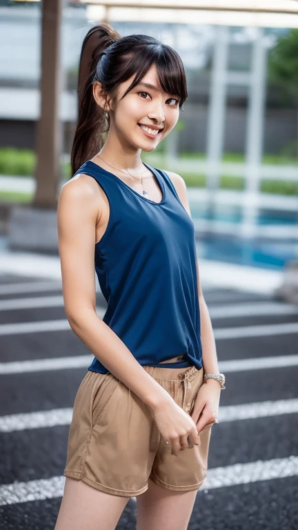 ((High definition))、((high quality))、((8k))、Japanese、Beauty、Very small tank top、Very small denimshorts、Natural brown hair、ponytail、28 years old、Tight-fitting shorts、Very tight shorts Pubic hair Pussy line Dynamic poses