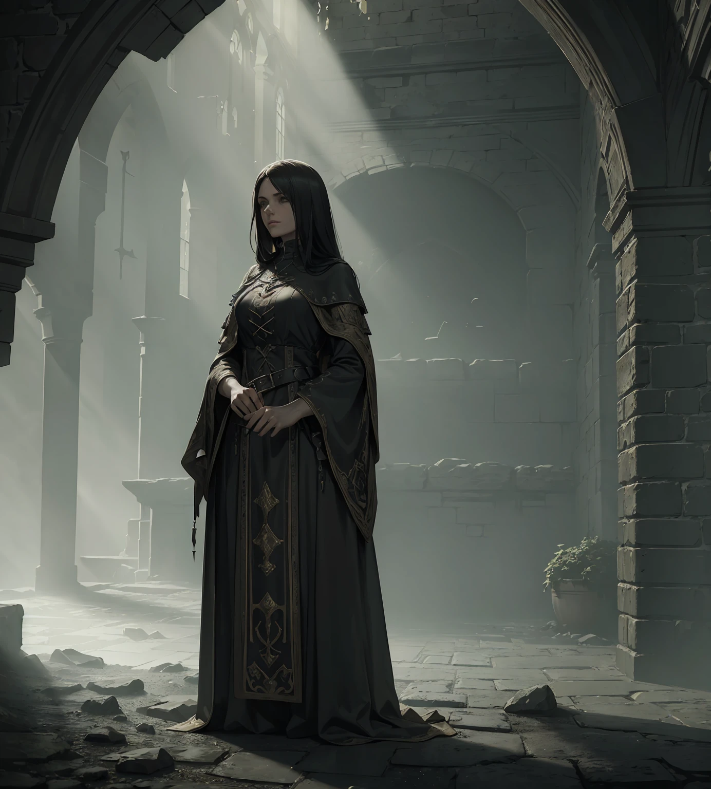 a detailed medieval dungeon landscape, intricate stone architecture, intricate gothic arches, moss-covered walls, flickering torchlight, eerie atmosphere, dramatic lighting, moody color palette, mystical energy, gritty realism, cinematic composition, highly detailed, 8k, masterpiece, photorealistic, dramatic shadows, ambient occlusion, physically-based rendering