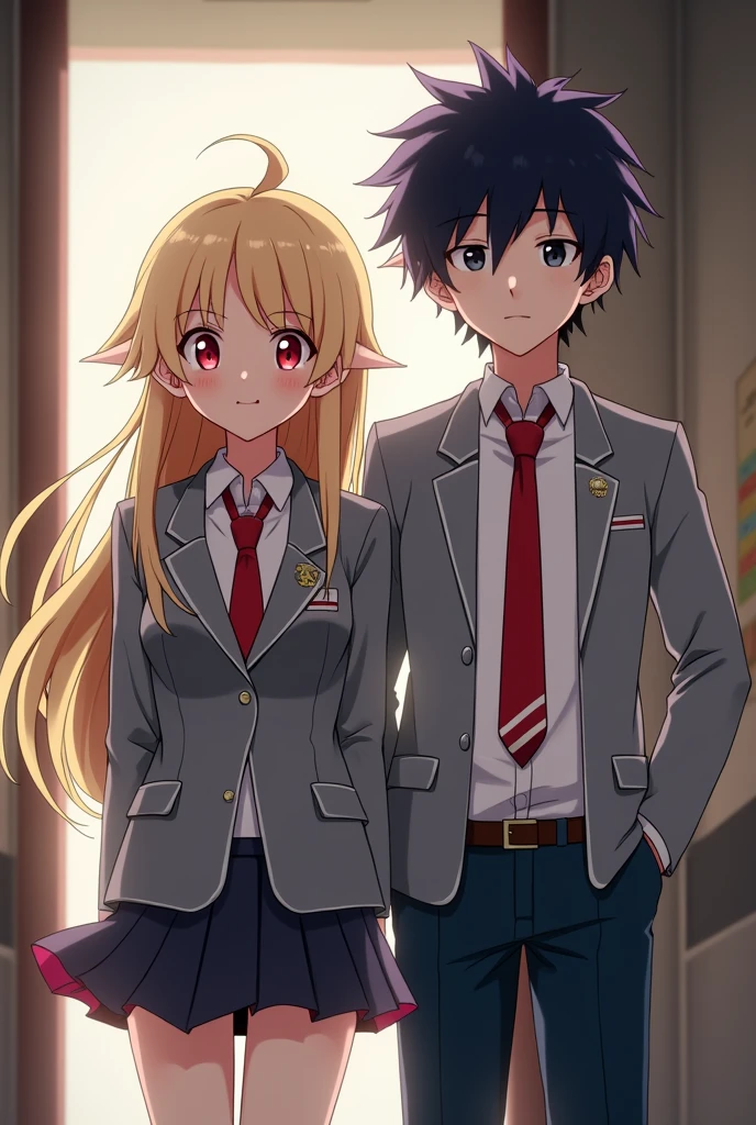 Screenshot of my hero academia girl is 160 tall with long disheveled blonde hair and 15 years old red eye color with my hero academia uniform ( grey jacket and red tie ) and with a boy with dark purple hair and has elf ears , black eyes and a small smile with the my hero academia uniform ( grey jacket and red tie) 17 years old is 177 in the my hero academia hallway