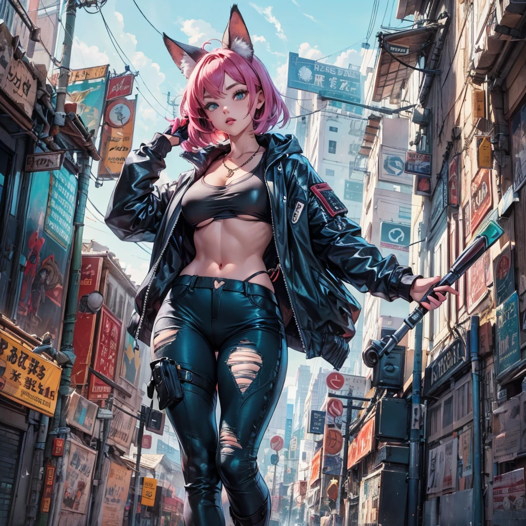 Oh, league of legend, sexy for, wallpapers, detailed eyes, fox ear, (fox tails), a skirt, (long pink fur), medium breasts, Looking at_Shown in_Looking atl espectador, short_hair, gloves, belly button, fail, blue_there are eyes, Eternal, full_body, weapon, Footwear, necklaces, negro_gloves, pulp, hooded, hair_overcome_Yoon_there are eyes, Cultivator_above, hoodie, negro_pants, sneakers, Cut_jacket, cyber punk character, Cut_hoodie, of_DeepNegative_v1_75t