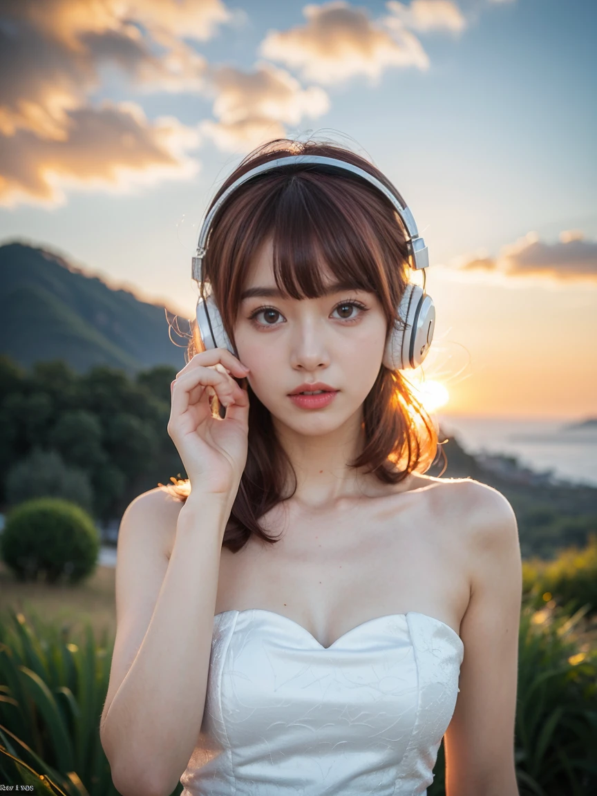 Top Quality, Masterpiece, Super High Resolution, (Actual:1.3), Original Photo, (Nature Photography), (Magnificent mountaintop, Sea of clouds), (Very wide mountain top), (Sunset), (Girl), (Upper body), (Natural Light: 1.0), (Side View: 0.0), (Cowboy Shot: 0.0), (upper body: 1.8), (Close-up: 0.8), Portrait, Cinematic Lighting, Glow, Ray tracing, reflected light, f135mm, UHD, accurate, skin texture, super detail, great detail, high quality, highest quality, 8k, (surrealism: 1.2), BREAK, (Japanese: 1.3), (22 years old: 1.0), (Small breasts: 1.2), (Long, large, slit eyes: 1.8), (Realistic eyes: 1.8), (Height at 160cm: 1.2) , a little fat, (Transparent white skin: 1.2), (Short curly bright pink hair with bangs: 1.3), (Deep eyeshadow makeup: 1.4), BREAK, (Correct hand: 1.6), (Correct fingertips: 1.6), Sexy pose, (Place hand near cheek: 1.8), BREAK, (Big white headphones: 1.4), (Wearing an orange and white printed strapless dress: 1.3), BREAK,　seagull