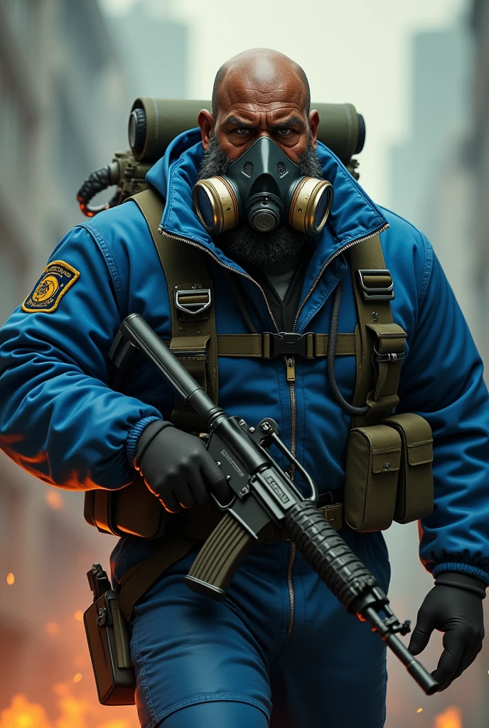 (a dark-skinned bearded fat muscular old man in a blue zipper pilot suit) carrying a gun, (wearing gas mask that cover his face), dynamic action pose, angry expression, fierce expression, showcasing an imposing stature, surrounded by military elements, dramatic shadows and intense highlights, cinematic color tones, high detail, powerful, art influenced by Bruce Onobrakpeya and Stanley Artgerm, ultra-detailed, best quality image, action-packed atmosphere.