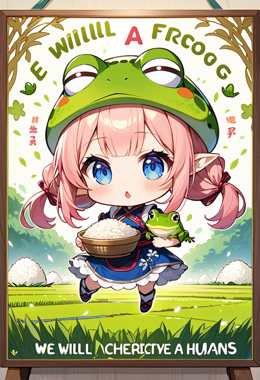 Highest quality、High resolution、Detailed Background、Beautiful face in every detail、Anatomically correct、Detailed facial expressions、fine grain、((One Girl:1.2)、((Chibi Girl:1.2)))、Cute hair color、Big beautiful blue eyes、Fuller lips、Pink Lips、Braided twin tails、Ahoge、(Movie Posters:1.2、((title is"We will definitely achieve a bridge between humans and frogs."))、(In the background is a rice field with swaying ears of rice.)