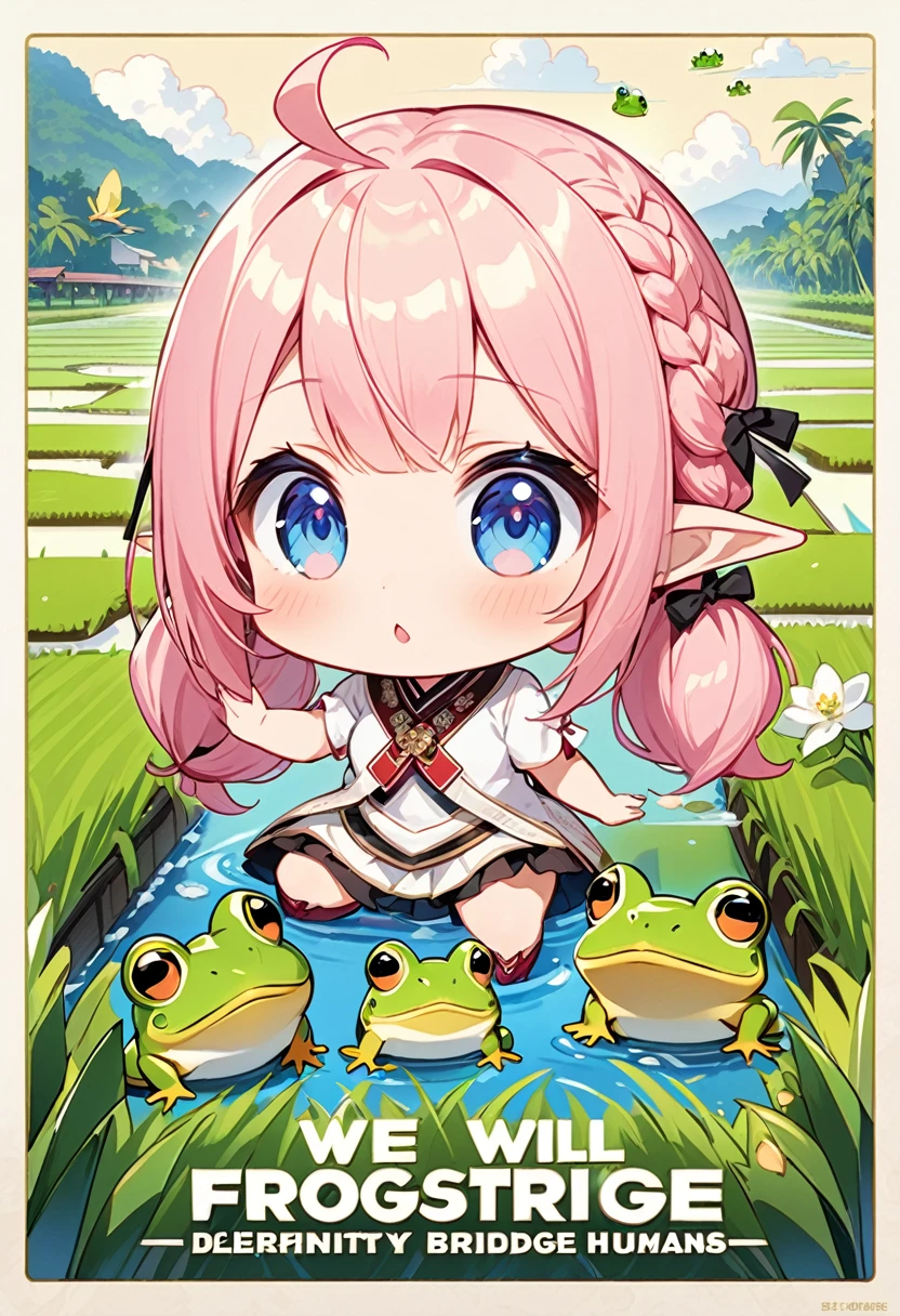Highest quality、High resolution、Detailed Background、Beautiful face in every detail、Anatomically correct、Detailed facial expressions、fine grain、((One Girl:1.2)、((Chibi Girl:1.2)))、Cute hair color、Big beautiful blue eyes、Fuller lips、Pink Lips、Braided twin tails、Ahoge、(Movie Posters:1.2、((title is"We will definitely achieve a bridge between humans and frogs."))、(In the background is a rice field with swaying ears of rice.)