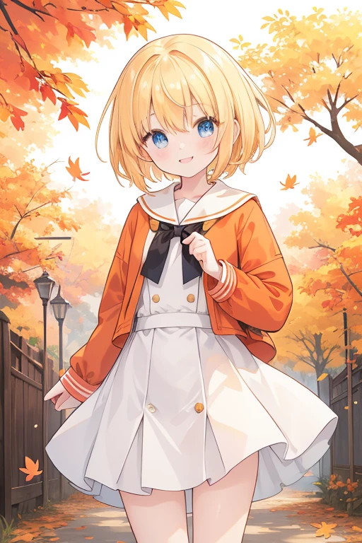 Outstanding Achievements,sharpness,Shadows,Tree Background.There are animals.bird,1 girl,Characters from games,Little Princess,blue eyes,Big smile,Big eyes,blonde hair,golden hair,hair between the eyes,short hair,short coat,red coat,Dress,Two-layer skirt,Orange Shirt,Orange 1st layer skirt,White 2-layer skirt,The one who is stuck in the tree,Orange Tree,autumn leaves,The wind is blowing,สวมมงกุฎ