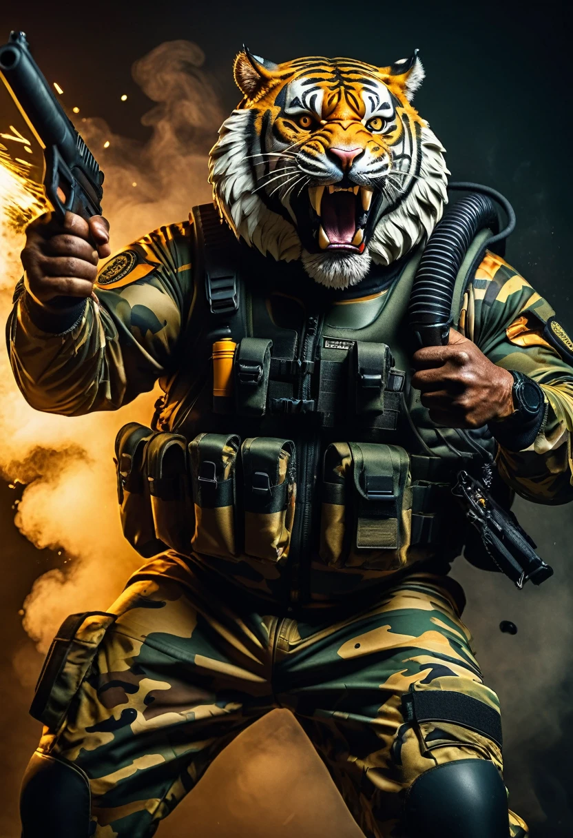 (a dark-skinned bearded fat muscular old man in a bulky army camouflage zipper diver suit) carrying a gun, (wearing realistic roaring tiger mask), dynamic action pose, fierce expression, showcasing an imposing stature, surrounded by military elements, dramatic shadows and intense highlights, cinematic color tones, high detail, powerful, art influenced by Bruce Onobrakpeya and Stanley Artgerm, ultra-detailed, best quality image, action-packed atmosphere. thumbs up pose