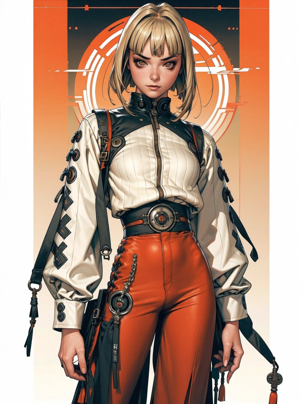 (best qualityer))), (((manga strokes))), (((blonde bob hair with straight bangs and red highlights))), (((wide pants with 2 side stripes))), uma Kizi jovem muito bem vestida com roupas modernas de inverno, top gift vertical stripes, short jacket with dark fur collar, beautiful and expressive face, slightly-smile, big eyes with long black eyelashes, heavy make-up, chains and zippers spread across clothes, contrasting colours, pose de atitude, hair with a modern and futuristic cut, urban game poster art, dramatic camera angles, graffiti art elements in the background, design mixing contemporary and retro by Shepard Fairey, (((cowboy shot))), (((best qualityer: 1.4))), (Unbeatable masterpiece), (hiper HD),(CG 8k hyper-realistic), Kizi, (((standing alone))), pirralha violent, (((14歳))), sexly, pose de atitude, work of art, post-apocalypse, (((manga style))), bounty hunter, violent, Manic, the way you want, slenderbody, thin but strong, perfectbody, roupa moderna, advanced technology, neon, sleeves with vertical striped pattern, neutral background, (( cowboy shot )). intricate visual