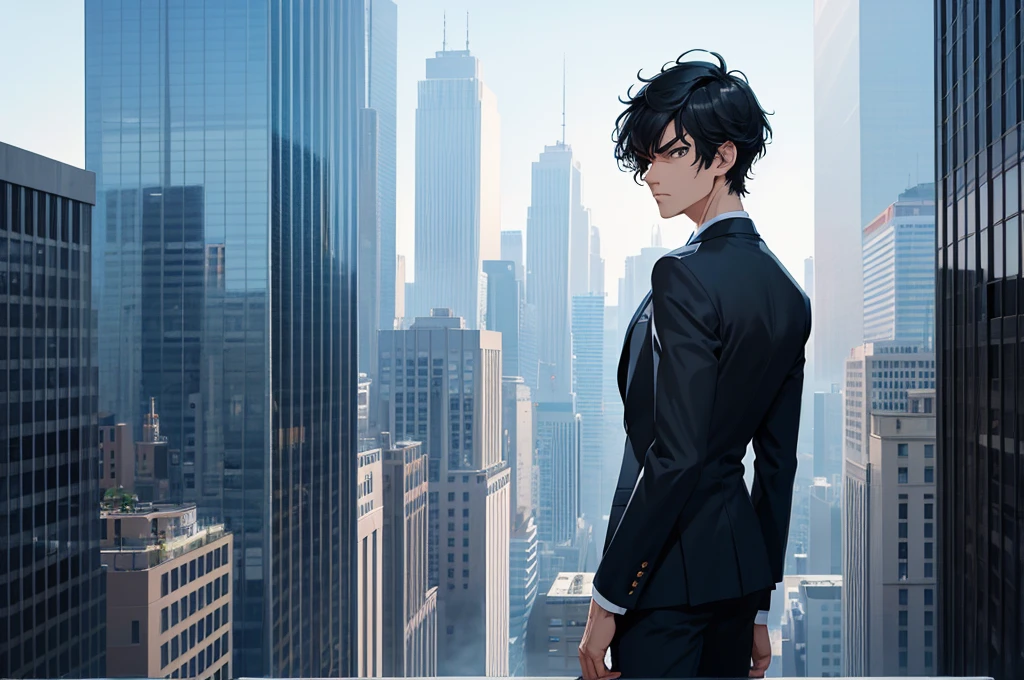 1 really tall boy, short black hair, black eyes, wearing all blue suits, on top of a building, high res, ultrasharp, 8k, masterpiece, looking at viewer from behind,Angry Enraged Look On Face
