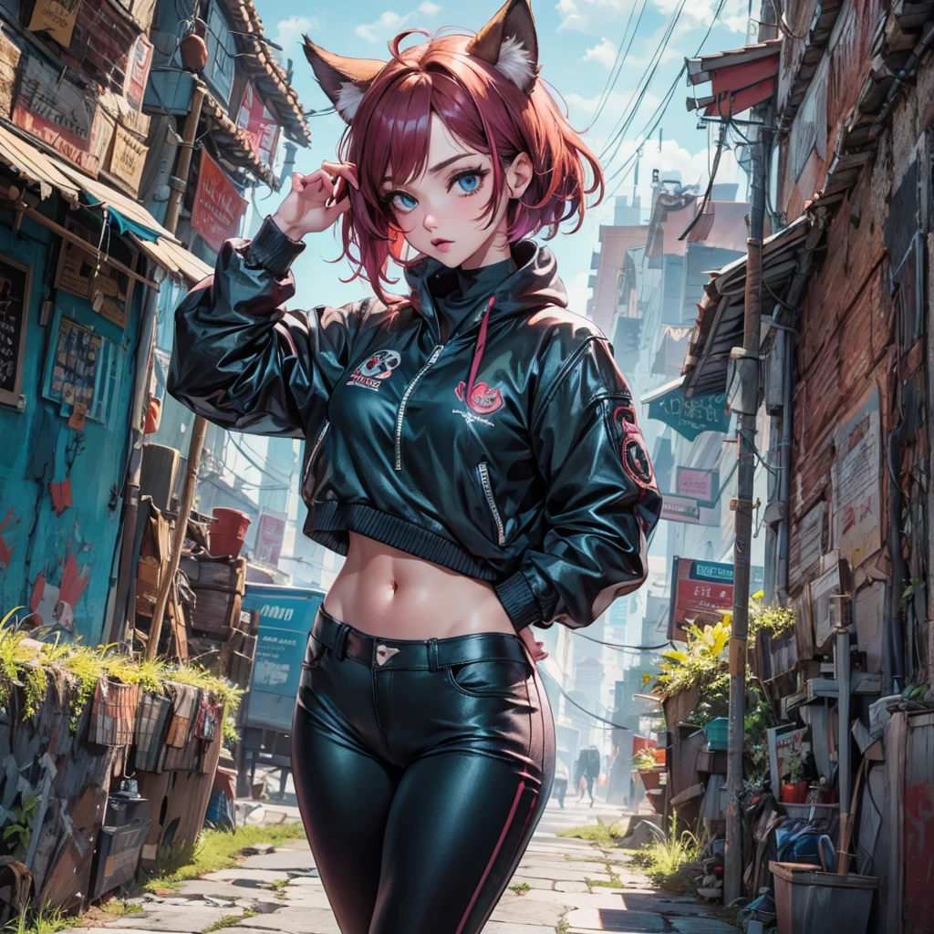 Oh, league of legend, sexy for, wallpapers, detailed eyes, fox ear, (fox tails), a skirt, (long pink fur), medium breasts, Looking at_Shown in_Looking atl espectador, short_hair, gloves, belly button, fail, blue_there are eyes, Eternal, full_body, weapon, Footwear, necklaces, negro_gloves, pulp, hooded, hair_overcome_Yoon_there are eyes, Cultivator_above, hoodie, negro_pants, sneakers, Cut_jacket, cyber punk character, Cut_hoodie, of_DeepNegative_v1_75t