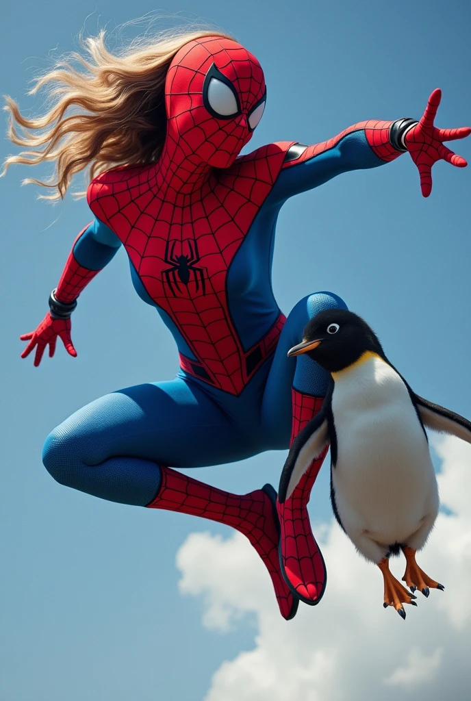 Spider Woman and the adorable penguin、Wears a sleek red and blue bodysuit。 Spider logo on chest. Agile, Jump preparation pose, Stretch out one hand、Like trying to blow away the spider web