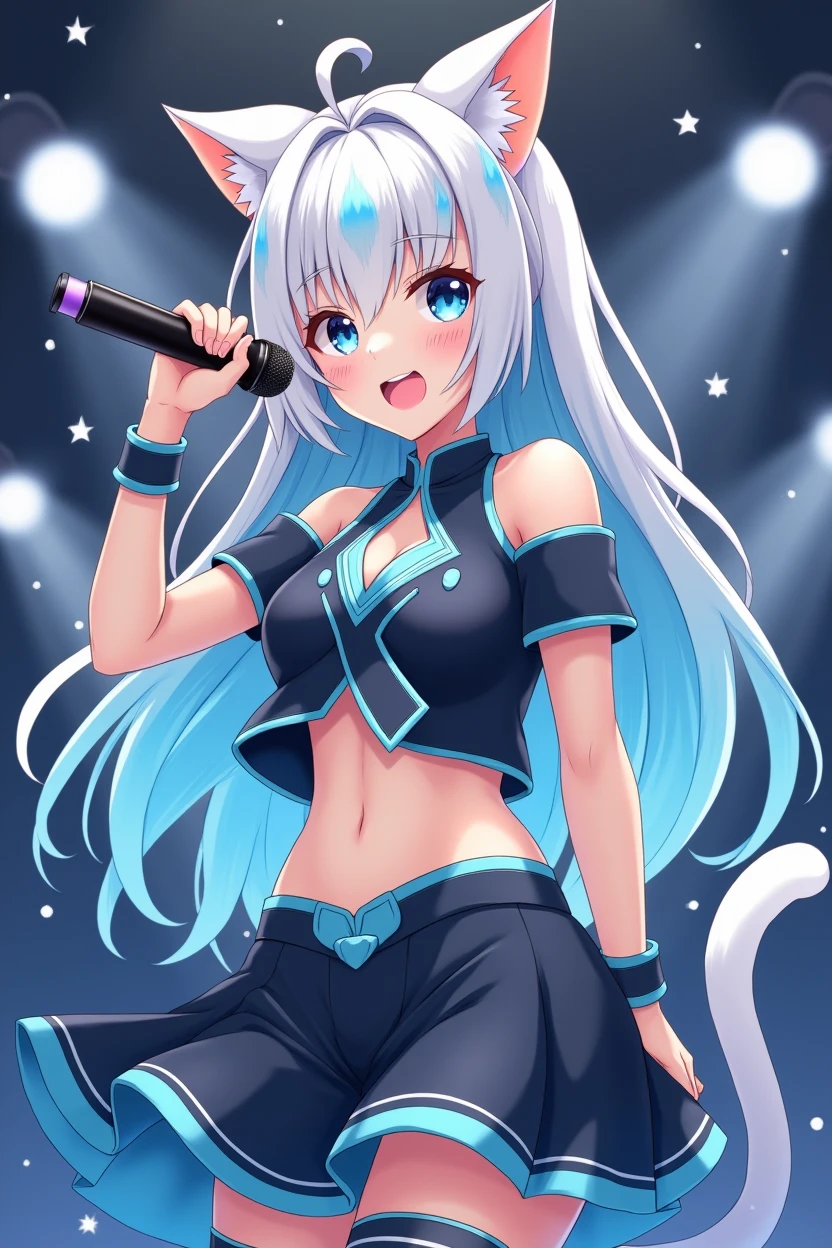 a drawing of a magical girl with anime aesthetics who is an idol with long white hair and cat ears and tail, wearing a short skirt and a modern top with her belly exposed and showing some skin, with a microphone in his hand singing, The dress is very striking and colorful in blue and black tones, with white ears and tail, and the hair has soft light blue highlights, In the background there are lights and sparkles as if I were at a concert
