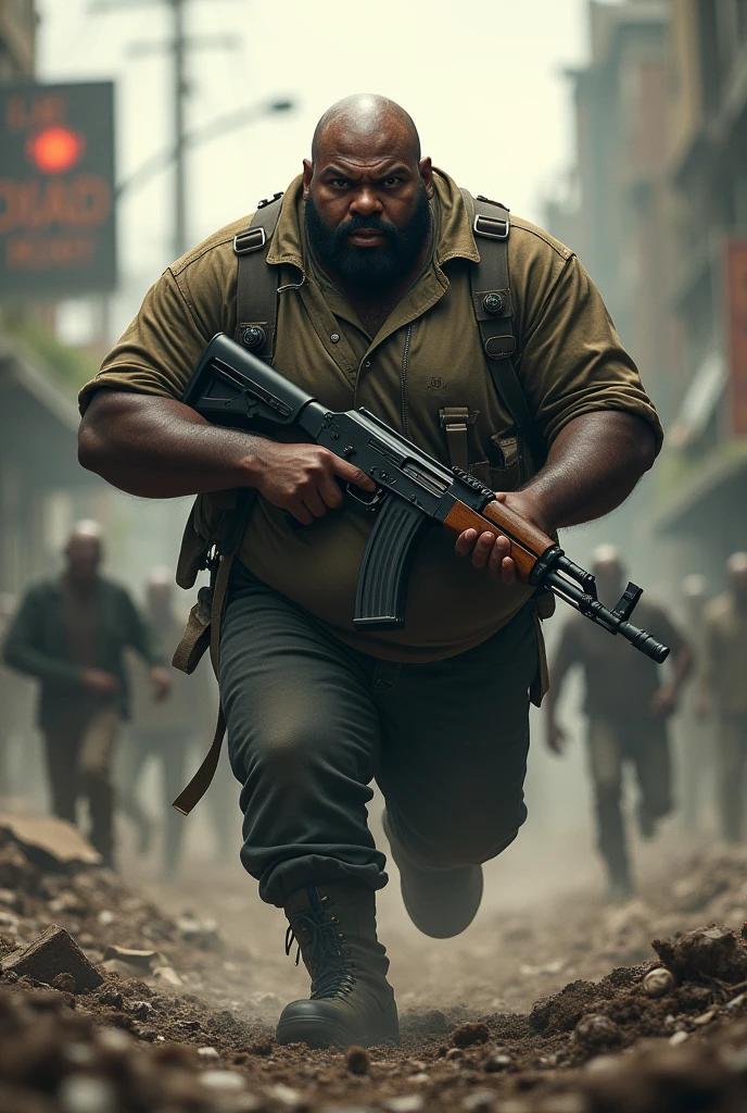 Create a bald black obese survivor with an ak47 running away from a zombie apocalypse