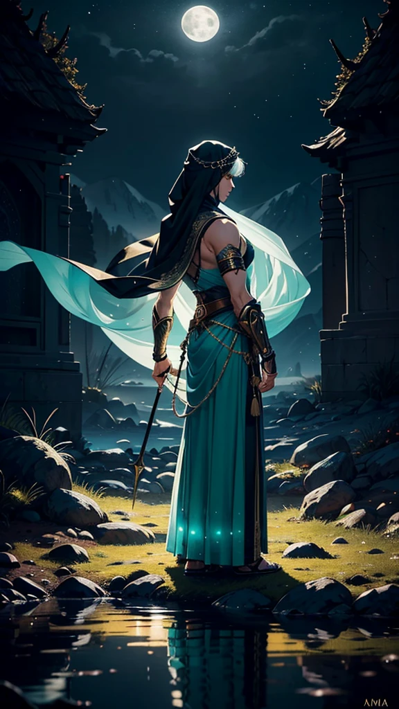 Here's a refined 200-word prompt for creating an 8K image of a male Islamic warrior at night:
---
"Create an 8K quality image of a male Islamic warrior at night, shown from the back. He wears a long, flowing green dress richly adorned with intricate Islamic patterns, emphasizing both spiritual depth and readiness for battle. The dress should have a majestic appearance with elaborate embroidery that subtly reflects the moonlight. The warrior also wears a traditional Arabian headscarf (imama), which should be detailed and complement his attire.
The scene is set against a deep, dark night sky illuminated by a full moon. The moonlight should cast a soft, ambient glow, highlighting the textures and details of the warrior's dress and imama while creating a dramatic and spiritual atmosphere. The background should include subtle, fantastical elements such as faint stars or a delicate mist to enhance the mystical quality of the night.
Focus on the interplay of light and shadow to create depth and dimension in the image. The warrior should appear resolute and spiritually centered, with the full-body view capturing the elegance and grandeur of his attire. The overall composition should convey a sense of reverence, readiness, and spiritual majesty."
---
This prompt provides a detailed and atmospheric description suitable for generating a striking image of an Islamic warrior at night.