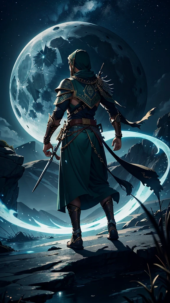 Here's a refined 200-word prompt for creating an 8K image of a male Islamic warrior at night:
---
"Create an 8K quality image of a male Islamic warrior at night, shown from the back. He wears a long, flowing green dress richly adorned with intricate Islamic patterns, emphasizing both spiritual depth and readiness for battle. The dress should have a majestic appearance with elaborate embroidery that subtly reflects the moonlight. The warrior also wears a traditional Arabian headscarf (imama), which should be detailed and complement his attire.
The scene is set against a deep, dark night sky illuminated by a full moon. The moonlight should cast a soft, ambient glow, highlighting the textures and details of the warrior's dress and imama while creating a dramatic and spiritual atmosphere. The background should include subtle, fantastical elements such as faint stars or a delicate mist to enhance the mystical quality of the night.
Focus on the interplay of light and shadow to create depth and dimension in the image. The warrior should appear resolute and spiritually centered, with the full-body view capturing the elegance and grandeur of his attire. The overall composition should convey a sense of reverence, readiness, and spiritual majesty."
---
This prompt provides a detailed and atmospheric description suitable for generating a striking image of an Islamic warrior at night.