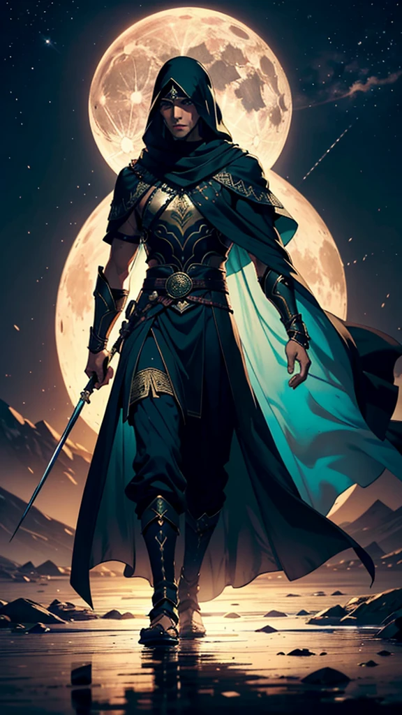 Here's a refined 200-word prompt for creating an 8K image of a male Islamic warrior at night:
---
"Create an 8K quality image of a male Islamic warrior at night, shown from the back. He wears a long, flowing green dress richly adorned with intricate Islamic patterns, emphasizing both spiritual depth and readiness for battle. The dress should have a majestic appearance with elaborate embroidery that subtly reflects the moonlight. The warrior also wears a traditional Arabian headscarf (imama), which should be detailed and complement his attire.
The scene is set against a deep, dark night sky illuminated by a full moon. The moonlight should cast a soft, ambient glow, highlighting the textures and details of the warrior's dress and imama while creating a dramatic and spiritual atmosphere. The background should include subtle, fantastical elements such as faint stars or a delicate mist to enhance the mystical quality of the night.
Focus on the interplay of light and shadow to create depth and dimension in the image. The warrior should appear resolute and spiritually centered, with the full-body view capturing the elegance and grandeur of his attire. The overall composition should convey a sense of reverence, readiness, and spiritual majesty."
---
This prompt provides a detailed and atmospheric description suitable for generating a striking image of an Islamic warrior at night.