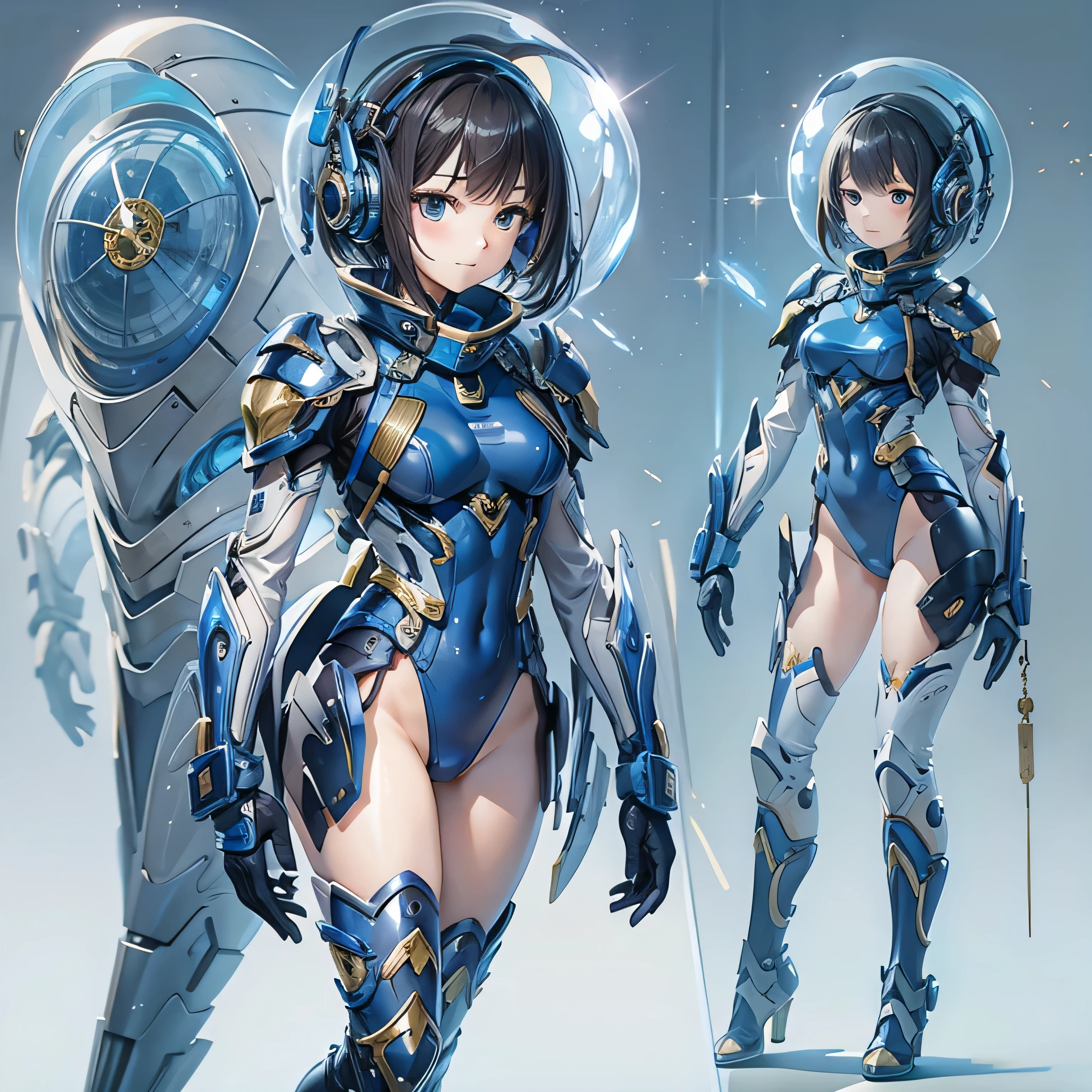 (masterpiece、Highest quality、Highest Resolution、Clear_image、Detailed details、Angle from above): (Whole body、One 20 year old girl、Japanese Faces、Small Face、Slender、Navy blue super short bob cut hair、(Hidden small breasts:1.3)、Sparkling blue eyes、Shiny pilot suit in blue and black colors、Chest protection armor、Tight fitting clothes、Clothing that covers the whole body、Glamorous clothes、Tight Fit Pants、Hide your skin、Very delicate and beautiful、Detailed Skin、hide thighs、Hide your ass、Cute、A gentle smile、Soft expression、heroine、headset、Knee-high boots、Elbow-length gloves、Eye Level Shot、Face directly、Woman on a spaceship)