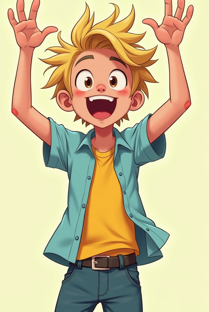Use the lucandy style! A age male who has blond hair. eyes browns, Scrawny, tall and is wearing a pastel blue and yellow blouse! And he is very excited.