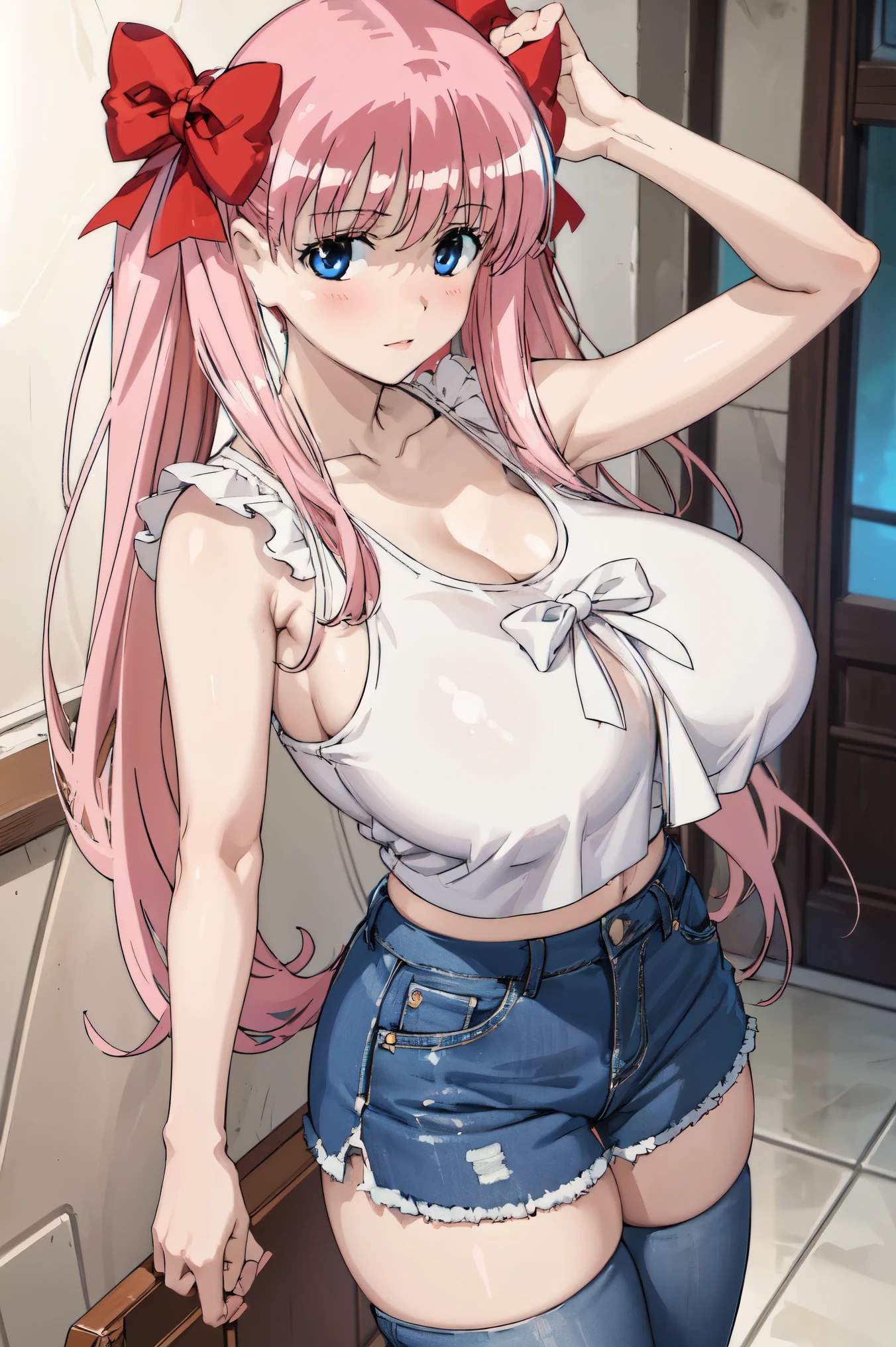 1girl, busty, white tank top clothes,  pink hair, blue eyes, ((huge tits)), twintail hair, jeans short skirt, blue eyes, upperbody, white background, smile, 