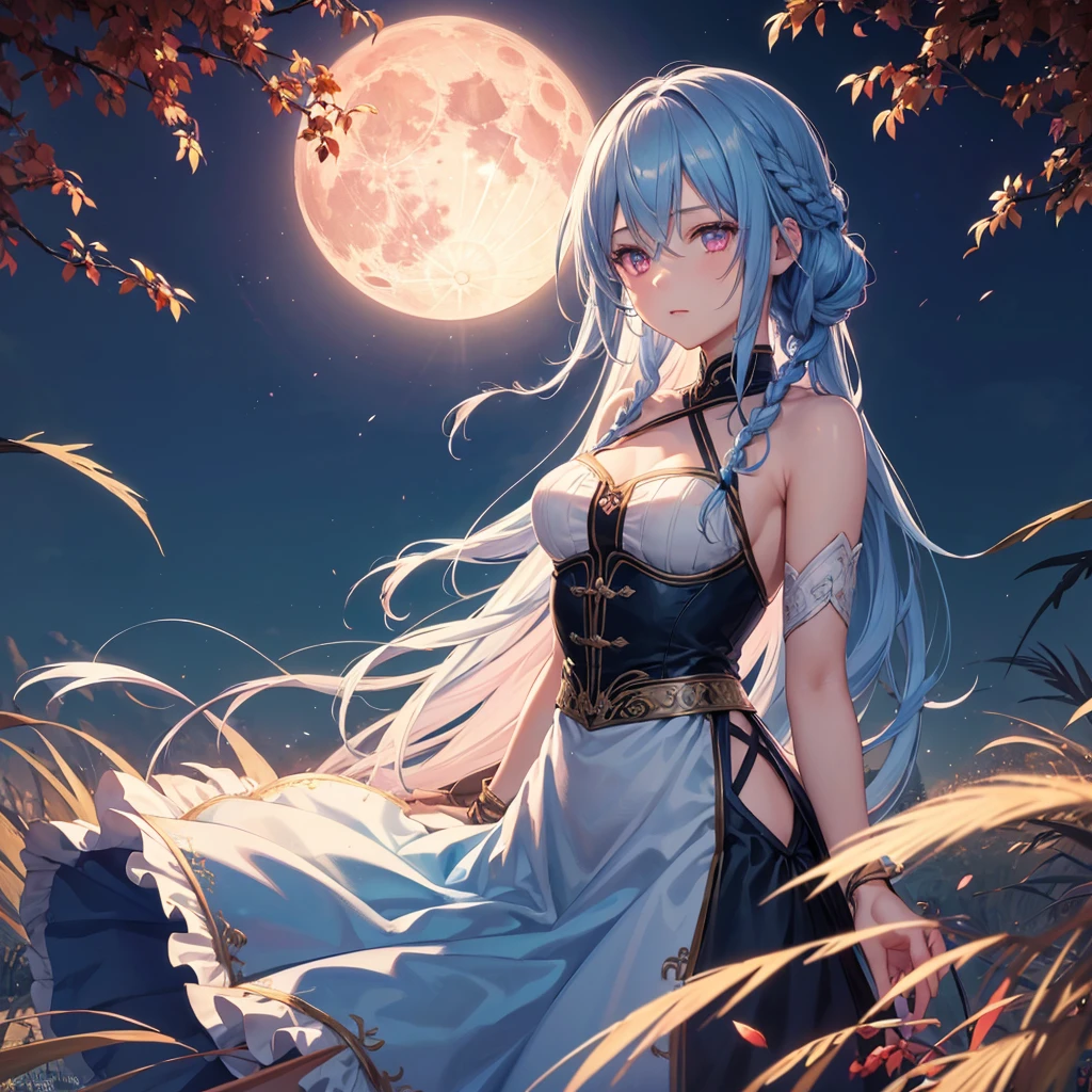 (Braiding),(Sky blue hair), (Pink eyes),(Fair skin) ,(whole body),(One Girl),(harvest moon),(A large amount of Miscanthus sinensis in the background),autumn,(full moon),(masterpiece, Highest quality, Very detailed, Best Shadow), (Detailed Background), (Beautifully detailed face), High Contrast, (Best lighting, Very delicate and beautiful), ((Cinematic Light)), Hyper Detail,8k, Dramatic Light, Intricate details