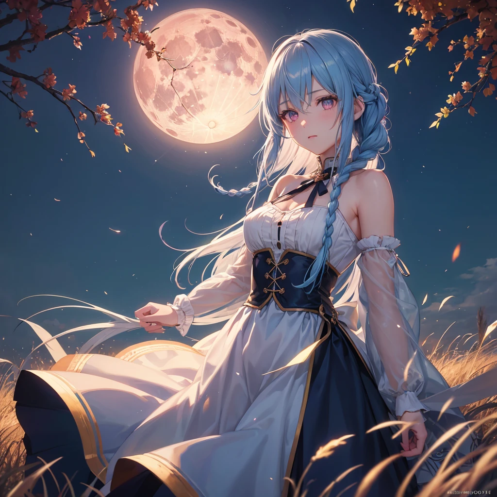 (Braiding),(Sky blue hair), (Pink eyes),(Fair skin) ,(whole body),(One Girl),(harvest moon),(A large amount of Miscanthus sinensis in the background),autumn,(full moon),(masterpiece, Highest quality, Very detailed, Best Shadow), (Detailed Background), (Beautifully detailed face), High Contrast, (Best lighting, Very delicate and beautiful), ((Cinematic Light)), Hyper Detail,8k, Dramatic Light, Intricate details