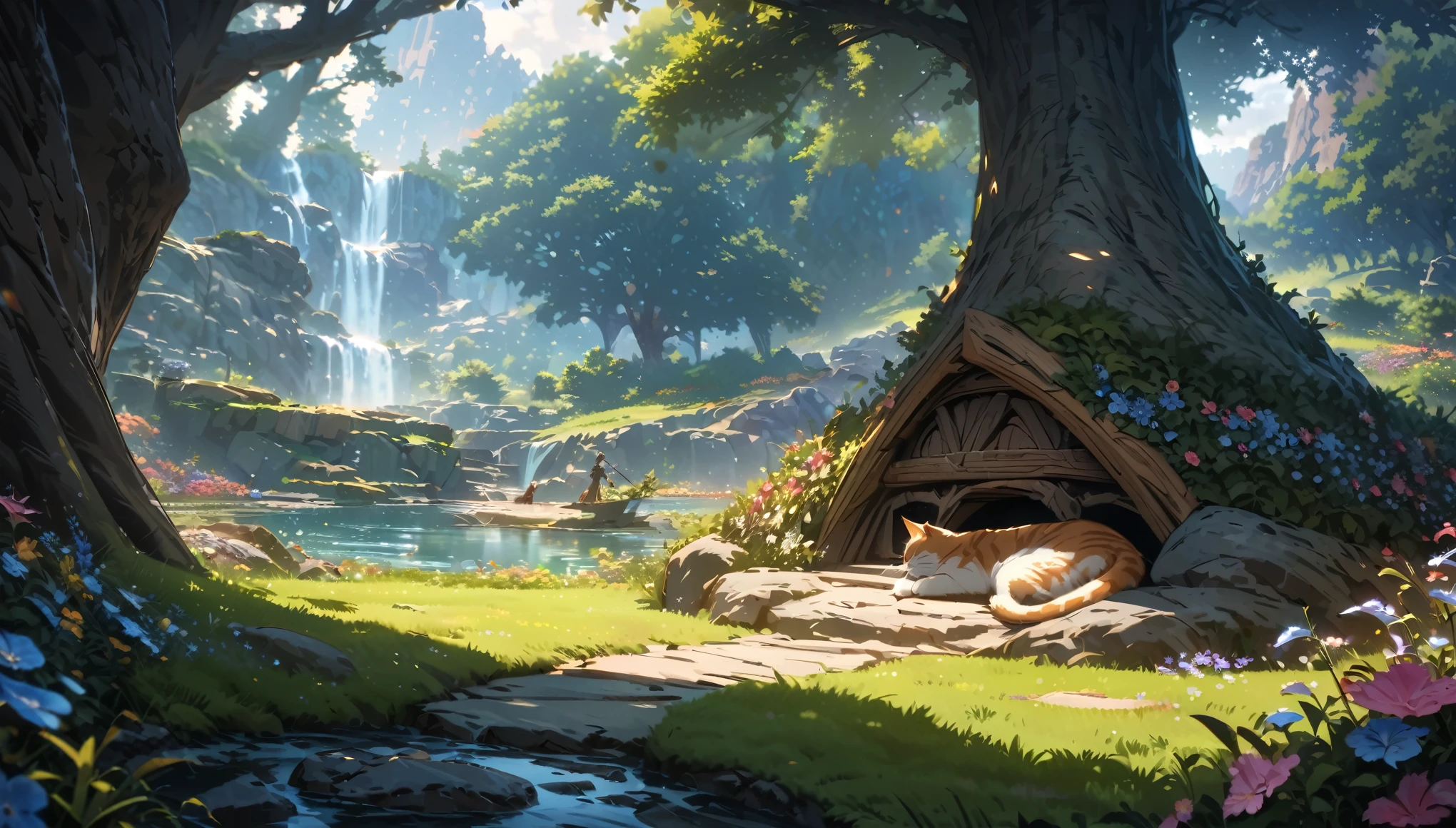 epic styles, digital art, extra detailed digital art, wallpaper, a young cat lying next to the little blue verry bush, cat's fur is black, white and brown, summer time, short green grass, little flowers, tree base behind the cat, short fur, closed eyes, peaceful atmosphere, heroic fantasy aestetics, dungeons and dragons, wide shot, perspective, atmospheric perspective, 16k, highres, award winning, best quality, high details, super detail, UHD, masterpiece