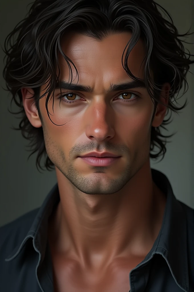 A man with black hair, white skin, dark brown eyes, and sharp jaw lines.,very handsome. A face resembling Morrone with slightly wavy, slightly long hair