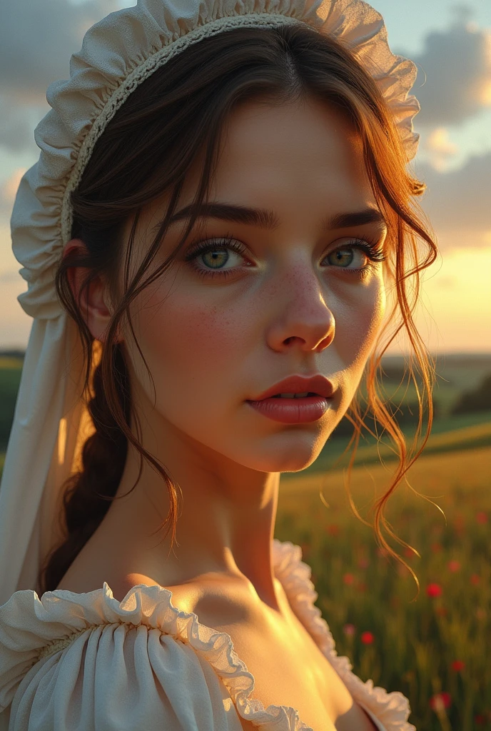 intricate detailed oil painting of a luscious milkmaid, beautiful detailed eyes, beautiful detailed lips, extremely detailed face, long eyelashes, farm, pastoral landscape, rolling hills, barn, 1girl, 1boy, romantic, passionate, intimate, sensual, warm lighting, glowing skin, soft shadows, golden hour, vibrant colors, photorealistic, (best quality, 4k, 8k, highres, masterpiece:1.2), ultra-detailed, (realistic, photorealistic, photo-realistic:1.37), cinematic